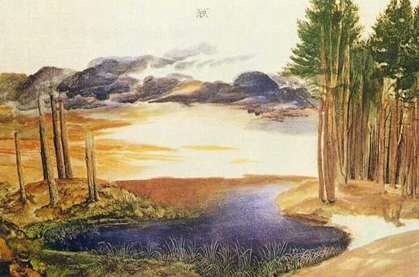 "Lago circondato da alberi di pino", acquerello di Drer (1496)
