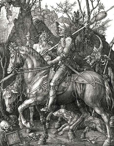 "Il cavaliere, la morte e il diavolo" incisione di Drer (1513)