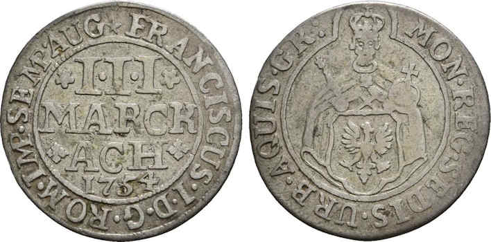 Una moneta da 3 Mark - Aquisgrana 1754