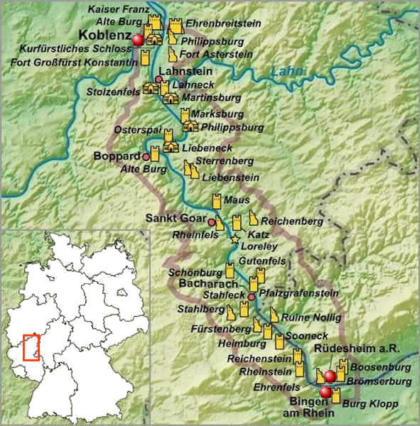I castelli, le fortezze e le ruine tra Rdesheim e Coblenza