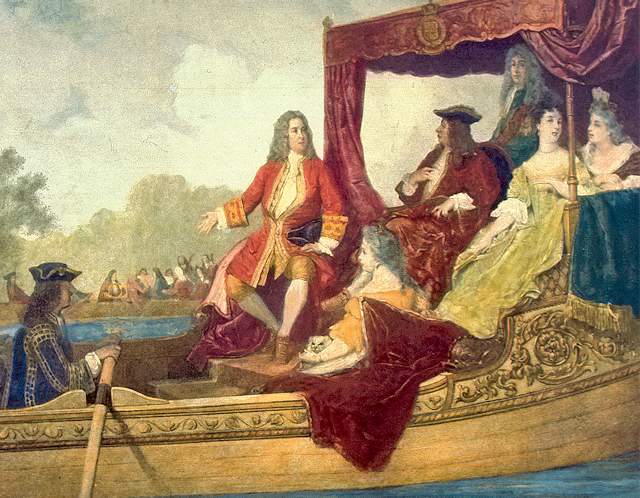 Händel, con il re inglese Giorgio I, durante una gita in barca sul Tamigi