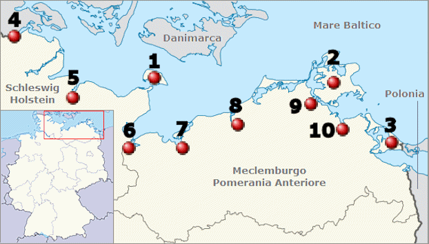 La costa tedesca del Mare Baltico con le isole e le citt pi imporanti