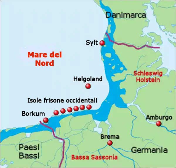 La costa tedesca del Mare del Nord con le isole e le citt pi imporanti