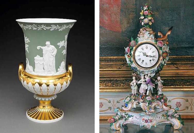 Un vaso e un orologio di porcellana