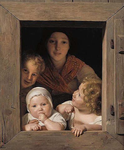 Ferdinand Georg Waldmüller: Giovane contadina con tre bambini alla finestra