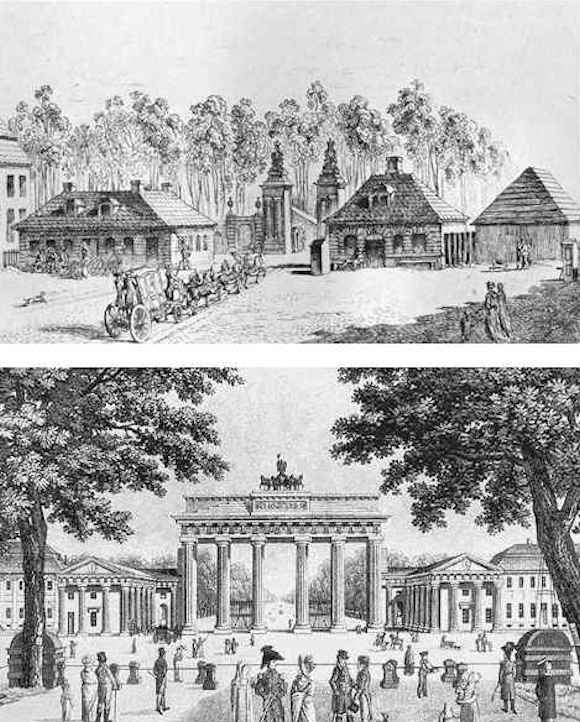 Due incisioni della Porta di Brandeburgo, in alto: nel 1735, in basso: nel 1830